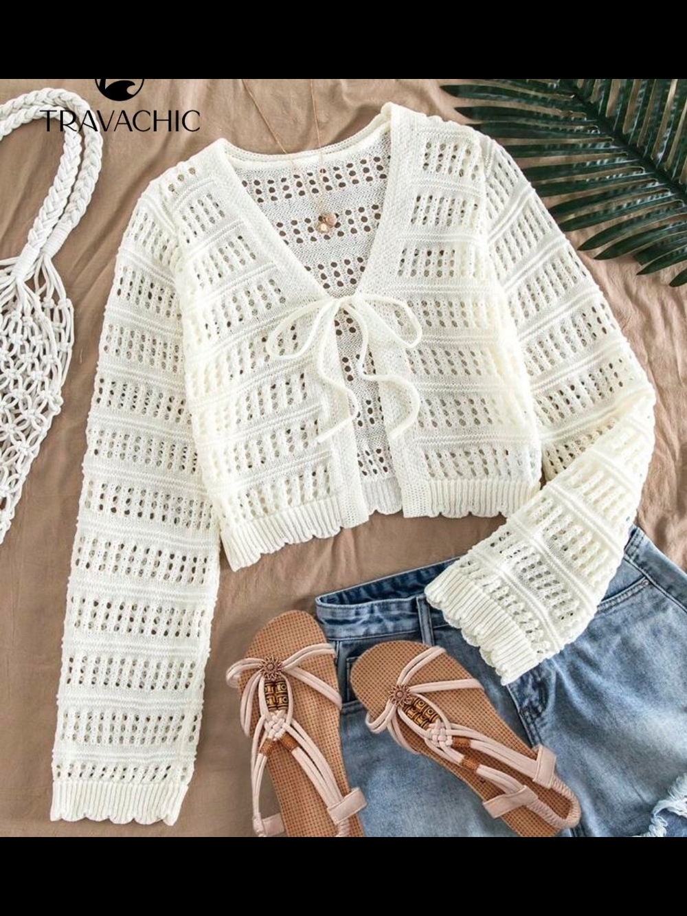 SHEIN 2X Open-Knit Tie-Front Crop Cardigan 4004-L